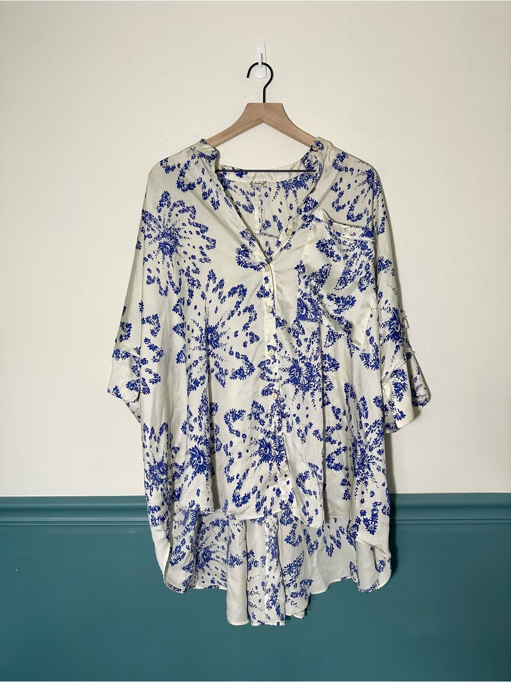 Free People - Cream Oversized Tunic Blouse with Blue Floral Print